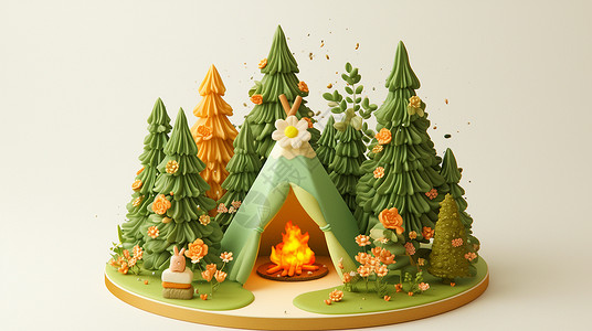 森林着火素材森林中一个可爱的卡通小帐篷点燃着火把插画