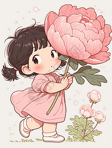 穿着裙子可爱的卡通小女孩扛着巨大的粉色花朵插画