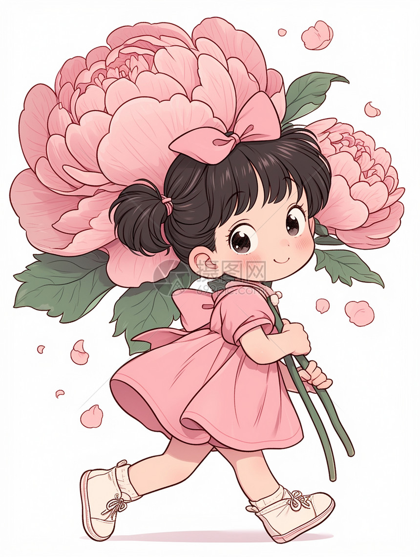 穿着粉色裙子可爱的卡通小女孩扛着粉色花朵图片