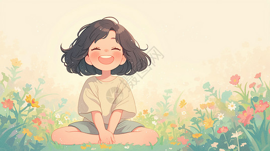 漂亮花丛春天坐在花丛中小清新漂亮的小女孩插画