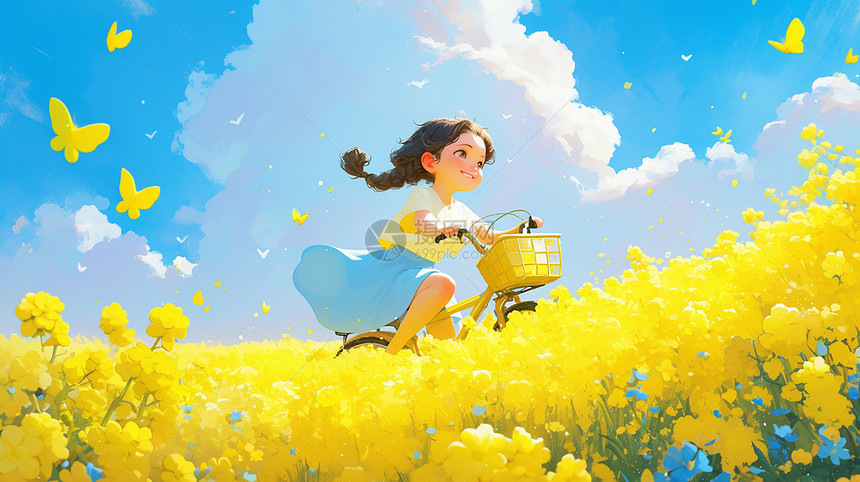 春天在油菜花园开心骑自行车的小女孩图片
