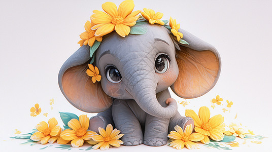 头上面的花朵的可爱卡通小象高清图片