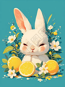 卡通白兔与水果橙子背景图片