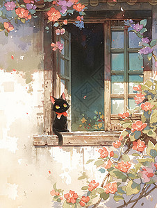 古风猫素材在古风窗台上一只可爱的小黑猫插画
