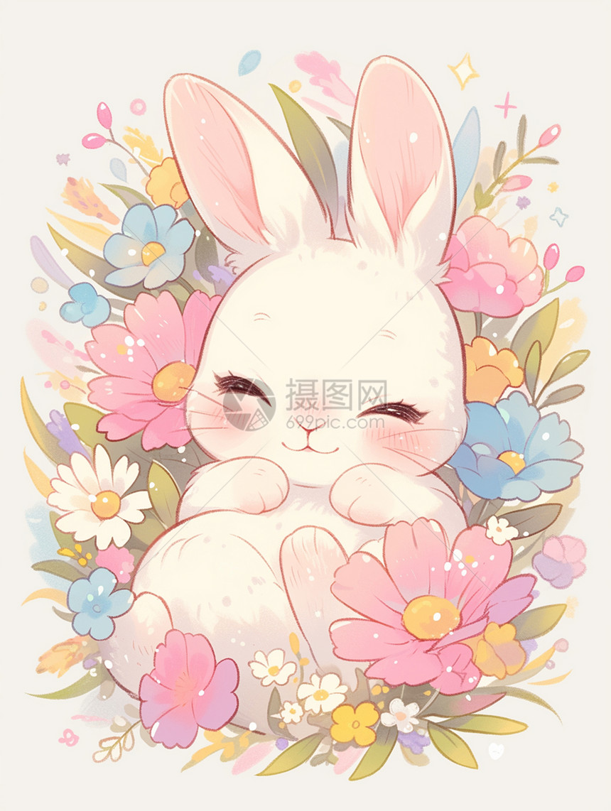 在花丛中一只可爱卡通小白兔在睡觉图片