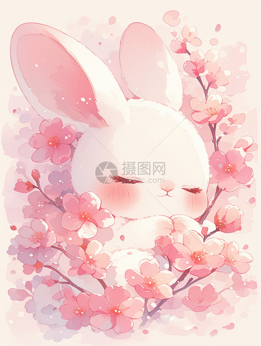 在花丛中一只萌萌的白兔在睡觉图片