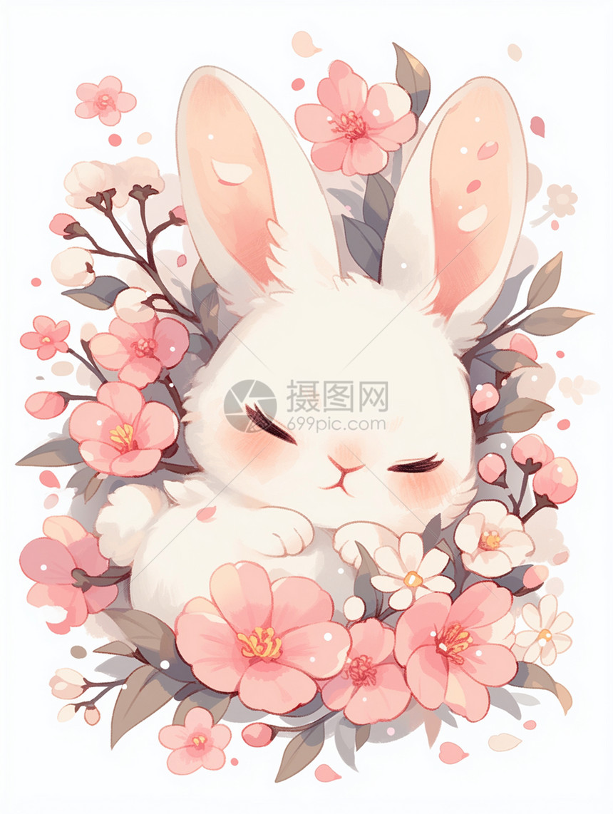 在花丛中一只萌萌的可爱卡通小白兔图片