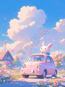 春天汽车汽车上欣赏花朵美景的可爱卡通小白兔插画