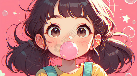 粉色泡泡糖的可爱卡通小女孩插画