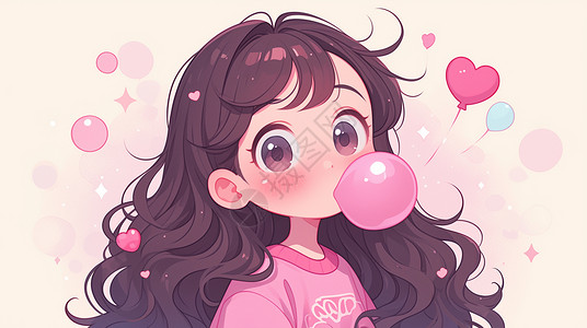吹粉色泡泡糖的小女孩插画