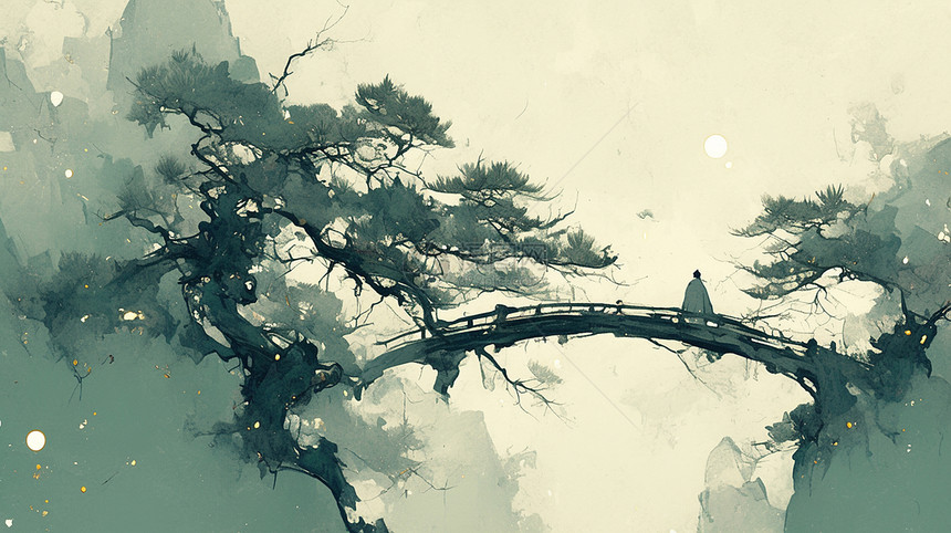 中国风古松树和古桥图片