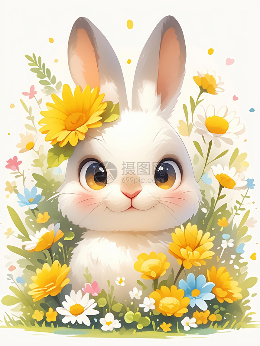 春天在开满花朵的花丛中一只白色可爱的小白兔图片
