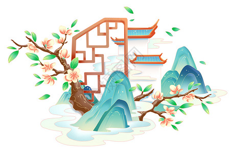 景观长廊清明节中国风山水植物景观节令装饰插画