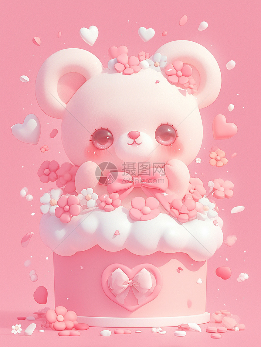 粉嫩的背景在礼物盒上可爱的小熊图片