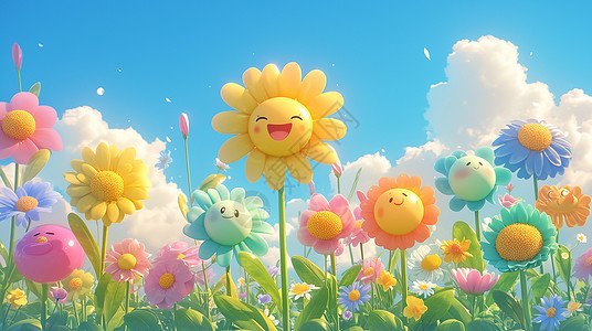 小清新花园一片盛开的彩色卡通花朵插画