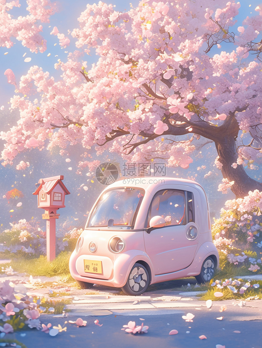 春天一辆粉色可爱的卡通小汽车开在开满花朵图片