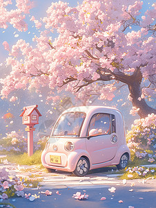 春天一辆粉色可爱的卡通小汽车开在开满花朵背景图片