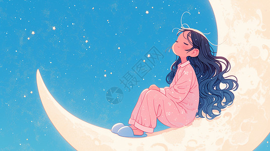 坐在月牙上睡觉的卡通小女孩背景图片