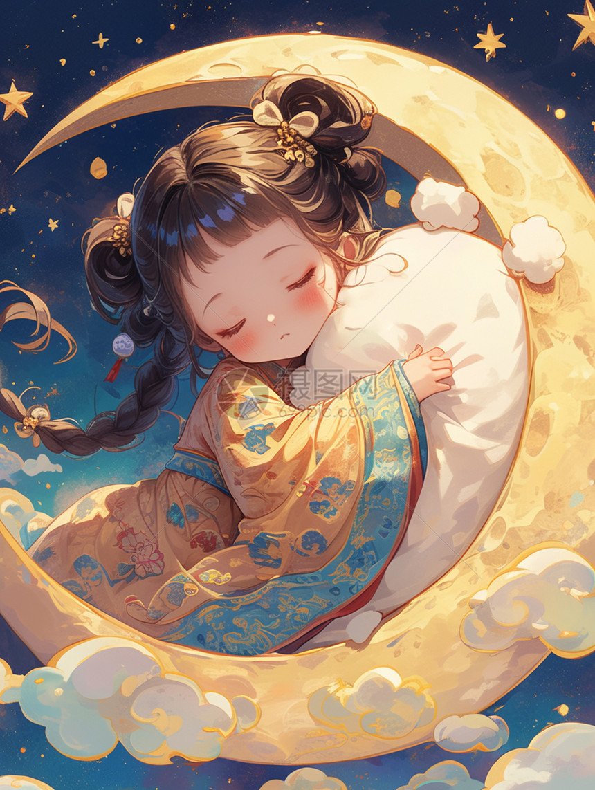 装扮可爱的卡通小女孩抱着云朵在月亮旁睡觉图片