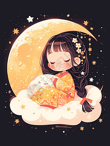 可爱的卡通小女孩抱着云朵在月亮旁睡觉图片素材