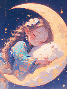 儿童睡觉素材古风装扮可爱的卡通小女孩抱着云朵在睡觉插画