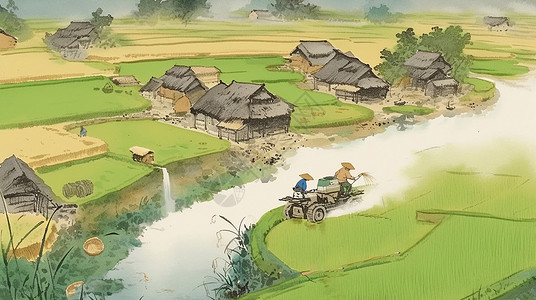 耕地航拍春天在村庄旁耕地农耕的劳动人民插画