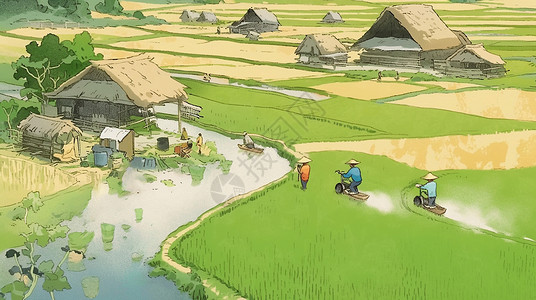 农村耕地在村庄旁耕地农耕的卡通劳动人民插画