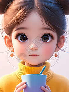 蓝色毛衣女孩穿着黄色毛衣抱着蓝色杯子的可爱小女孩插画