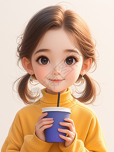喝吸管穿着黄色毛衣抱着蓝色插着吸管杯子的可爱卡通小女孩插画