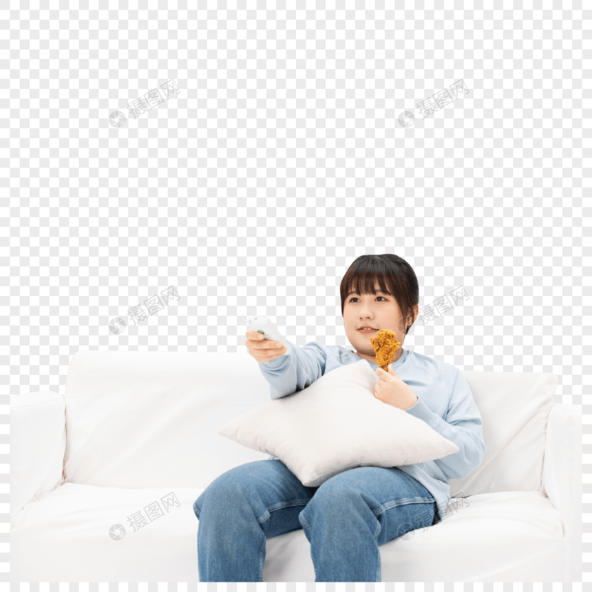 慵懒躺在沙发上看电视的肥胖女性图片
