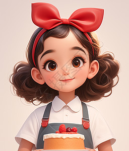 头戴红色蝴蝶结端着蛋糕的可爱小女孩高清图片