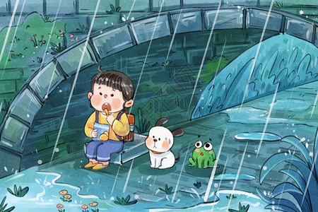 青蛙和小精灵手绘水彩谷雨儿童和动物在桥洞底下场景插画插画