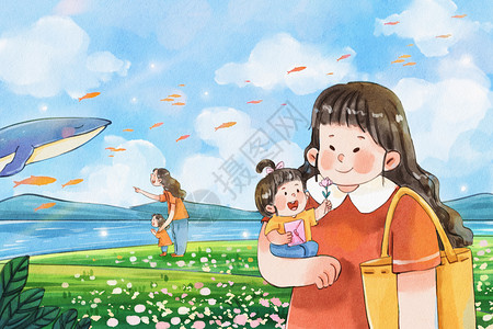 天空之镜手绘手绘水彩母亲节之妈妈抱着女儿治愈系插画插画