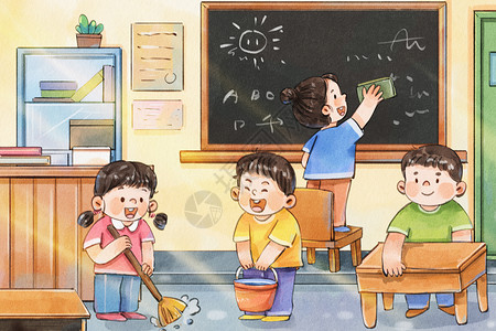 手绘水彩五一劳动节之小学生打扫教室场景插画高清图片