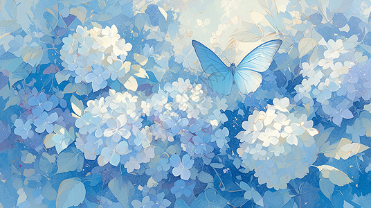 花丛中的蝴蝶美丽花丛中一只飞舞美丽的卡通蝴蝶插画