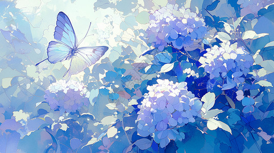 美丽花园盛开花丛中一只飞舞美丽的卡通蝴蝶插画