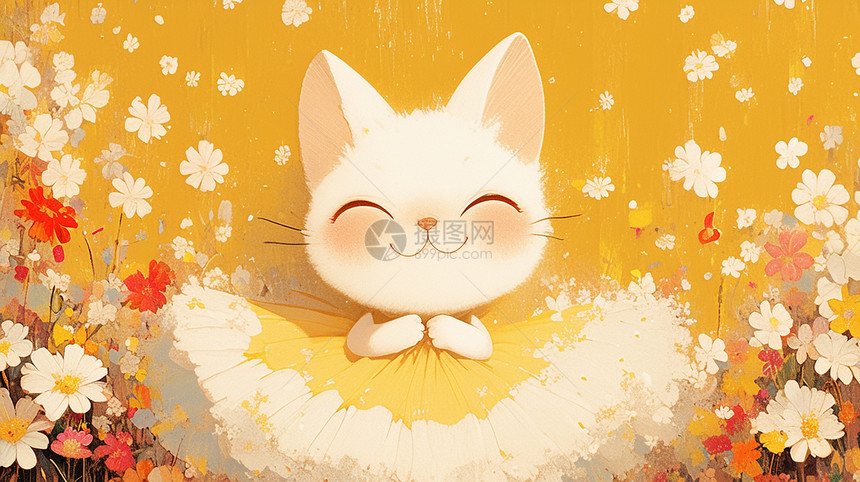 黄色公主裙的卡通小猫在花丛中图片