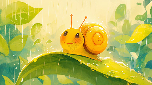 树叶雨雨中趴在树叶上一只可爱的小蜗牛插画