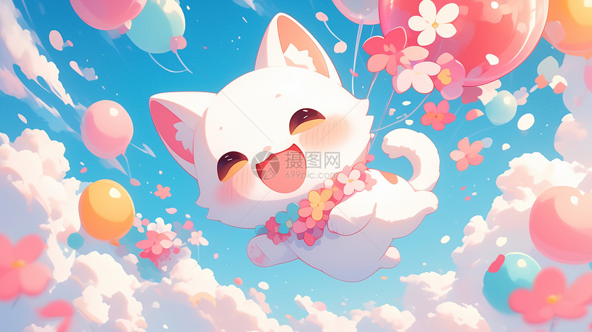 可爱的小白猫手拿气球飞在空中图片