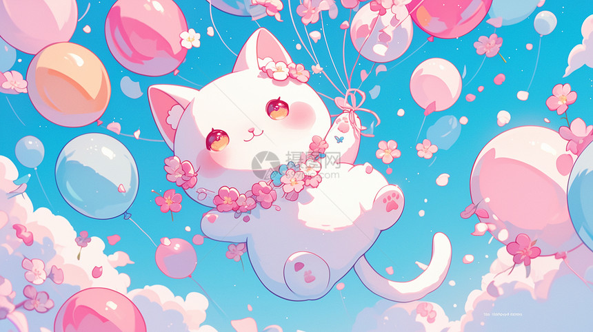 蓝色背景可爱的卡通小白猫手拿气球飞在空中图片