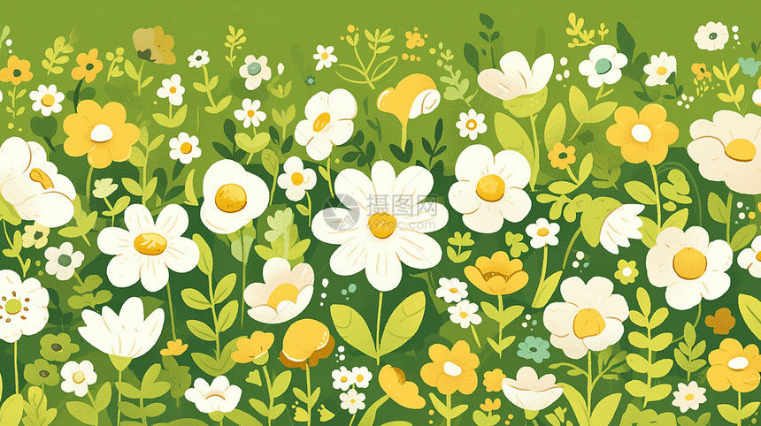 绿色背景的花丛中盛开着很多白色卡通小花图片