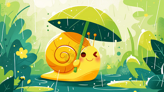 雨天撑伞一只可爱撑伞的小蜗牛插画