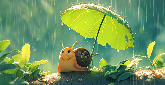 森林中可爱的卡通小蜗牛在雨中高清图片