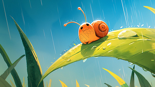 卡通雨伞在雨中森林中一只可爱的卡通小蜗牛插画