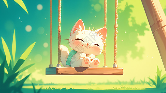 坐在秋千上开心笑的卡通小猫图片素材