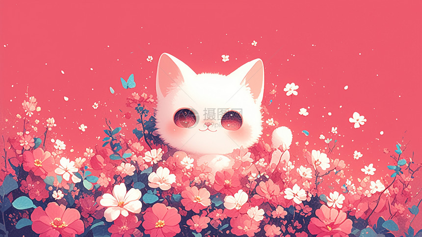 红色背景在粉色花丛中一只可爱的卡通小猫图片