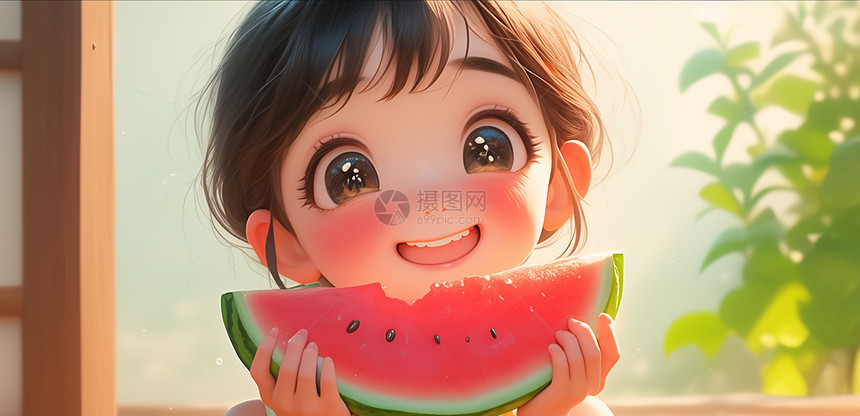阳光下开心吃西瓜的可爱女孩图片