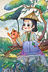 谷雨节气水墨风给小动物挡雨的小女孩国潮插画背景图片