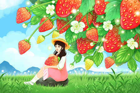 手绘草帽手绘治愈系夏季草莓少女场景插画插画