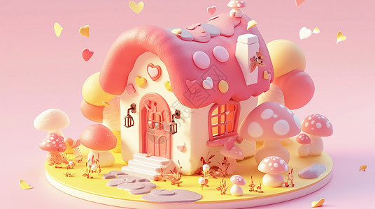 立体粉色舞台粉色蘑菇主题立体可爱的卡通小房子插画